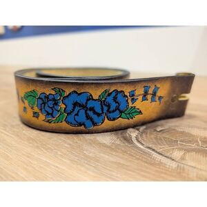 Vintage Leegin Leather Belt Blue Floral Painted Western Boho Women's Size 30